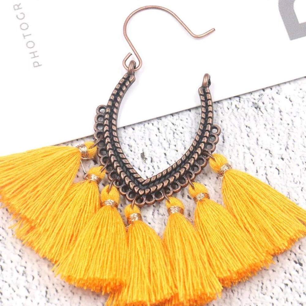 Yellow Yarn Tassel Bohemian Earrings - Picture 2 of 5